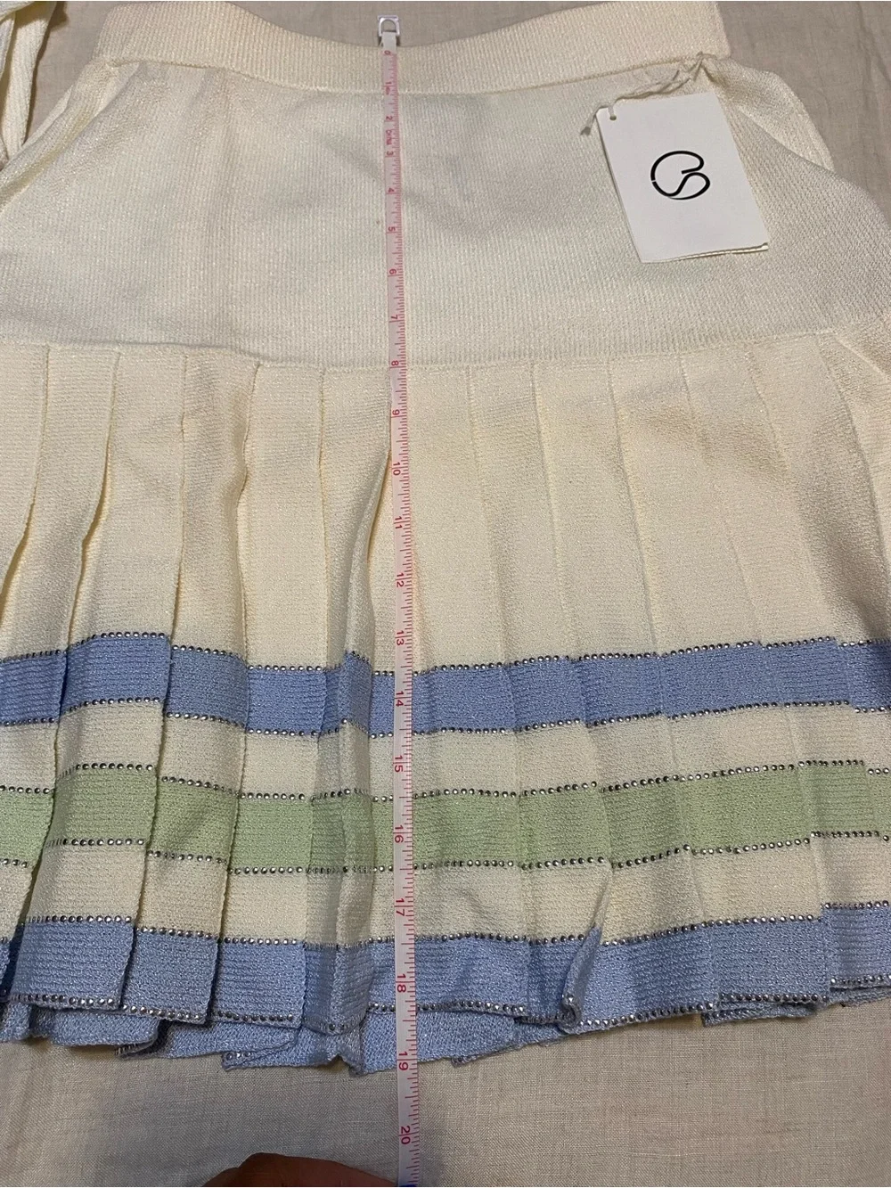 St. John Cream Knit Cardigan & Pleated Skirt with Blue and Mint Trim